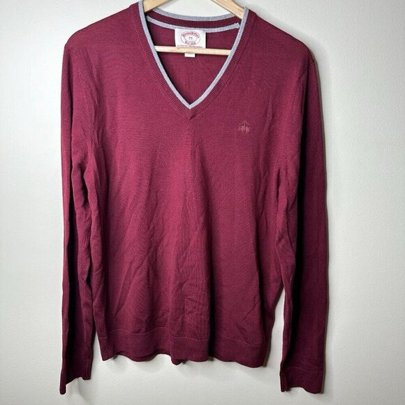 Vintage Brooks Brothers Sweater Mens Sz M Burgundy 100% Merino Wool V Neck - Picture 1 of 9